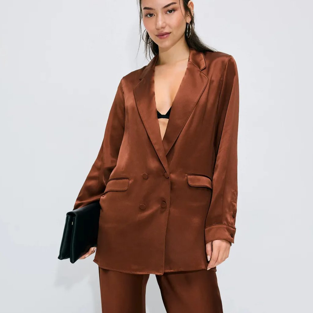 Silk Laundry Relaxed Double Button Blazer Jacket In Root Brown Medium M